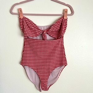 Onia Red and White Gingham Strapless Cutout One Piece Swimsuit
